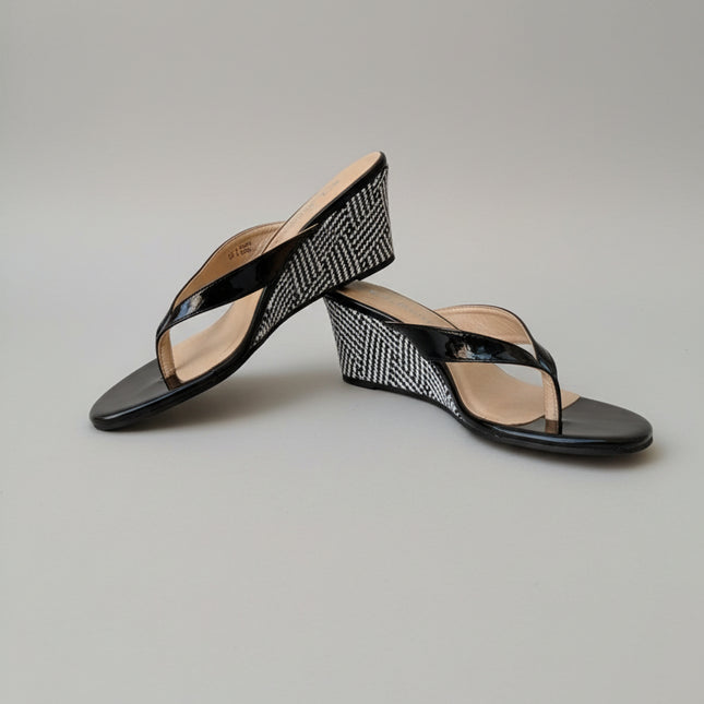 CL by Laundry Black Patent Slide Sandals with Houndstooth Heel - Size 6M