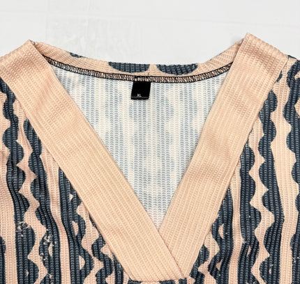 Retro Abstract Geometric V-Neck Long sleeve Top - Multicolor - Size XL