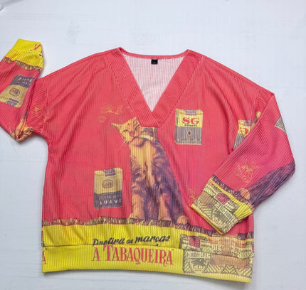 NWOT Vintage Postcard CAT Graphic V-Neck Top - Coral Pink - Size XL