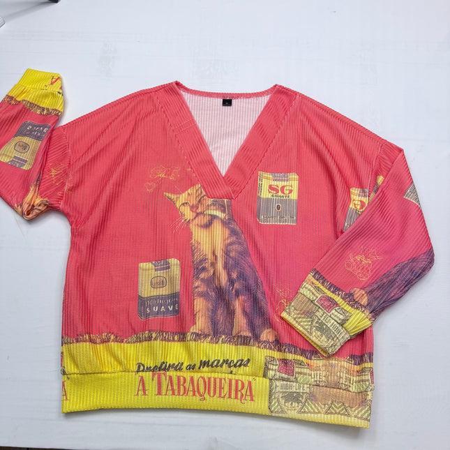 NWOT Vintage Postcard CAT Graphic V-Neck Top - Coral Pink - Size XL