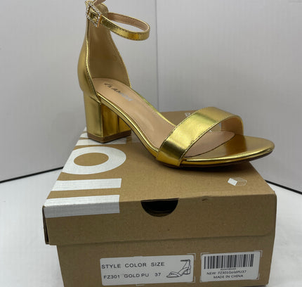 Amoji Gold Metallic Block Heel Ankle Strap Sandals - Size 37 (US 6.5-7)