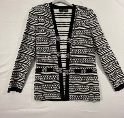 St. John Black & White Striped Knit Blazer with Crystal Embellishments - Size 2