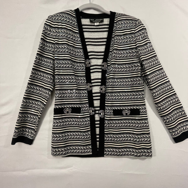 St. John Black & White Striped Knit Blazer with Crystal Embellishments - Size 2