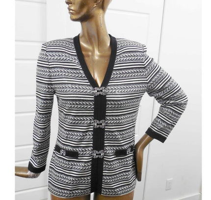 St. John Black & White Striped Knit Blazer with Crystal Embellishments - Size 2