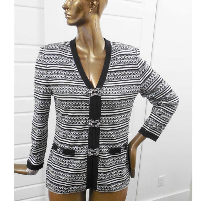 St. John Black & White Striped Knit Blazer with Crystal Embellishments - Size 2