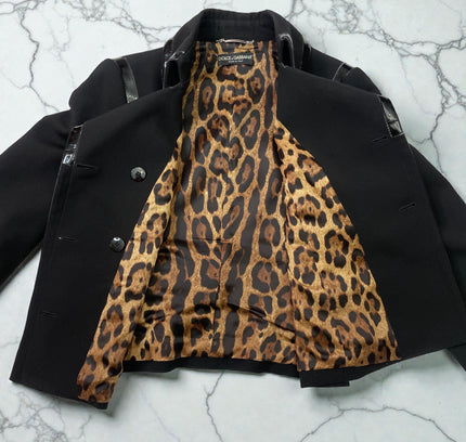 Dolce & Gabbana Black Double-Breasted Blazer with Patent Leather Trim - Size Large