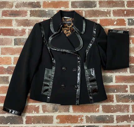 Dolce & Gabbana Black Double-Breasted Blazer with Patent Leather Trim - Size Large