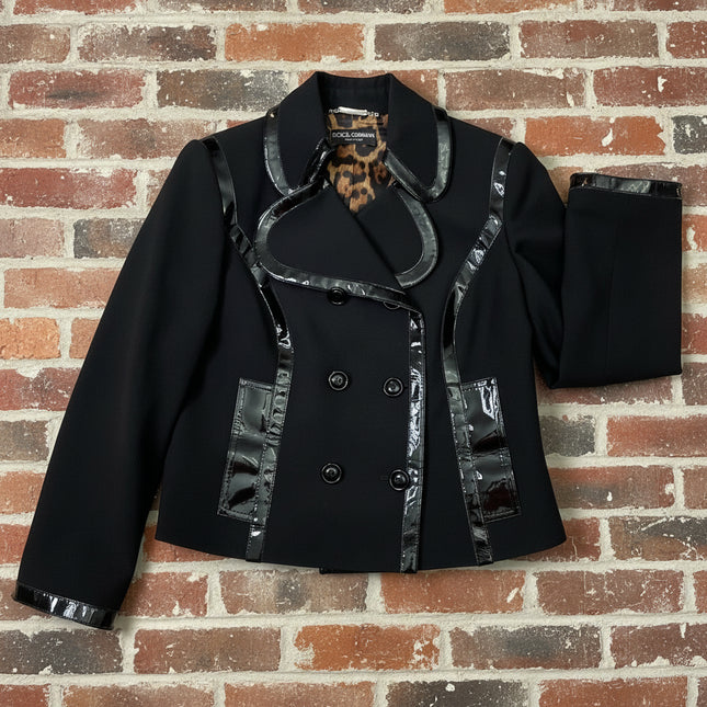 Dolce & Gabbana Black Double-Breasted Blazer with Patent Leather Trim - Size Large