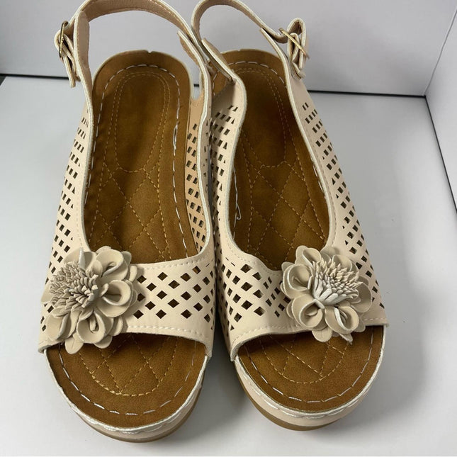 Beige Slingback Sandals with Floral Accent - Sophisticated Summer Style European Size 38 / US size 7/7.5