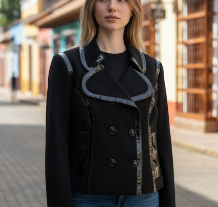 Dolce & Gabbana Black Double-Breasted Blazer with Patent Leather Trim - Size Large
