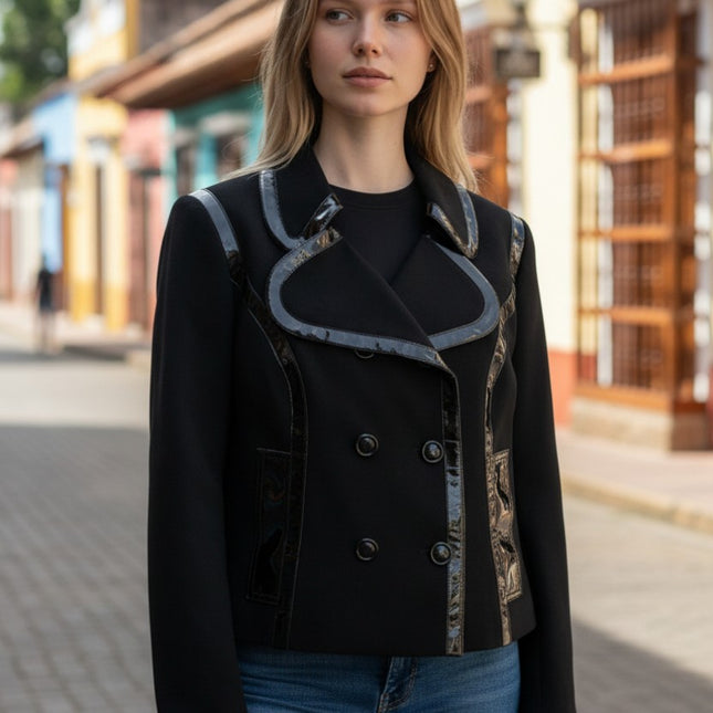 Dolce & Gabbana Black Double-Breasted Blazer with Patent Leather Trim - Size Large