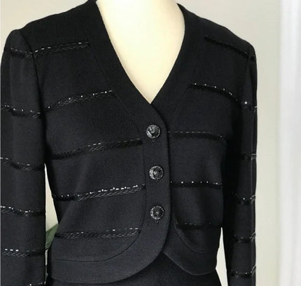 St. John Luxury Caviar Black Knit Cardigan with Beaded Stripes - Size 4