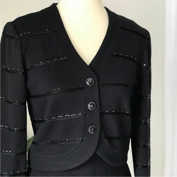 St. John Luxury Caviar Black Knit Cardigan with Beaded Stripes - Size 4