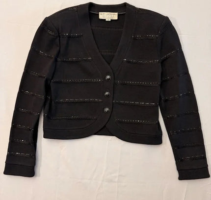 St. John Luxury Caviar Black Knit Cardigan with Beaded Stripes - Size 4