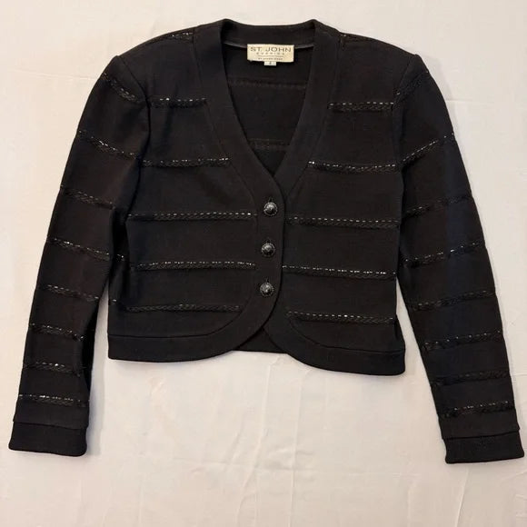 St. John Luxury Caviar Black Knit Cardigan with Beaded Stripes - Size 4