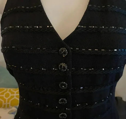 St. John Luxury Caviar Black Knit Cardigan with Beaded Stripes - Size 4