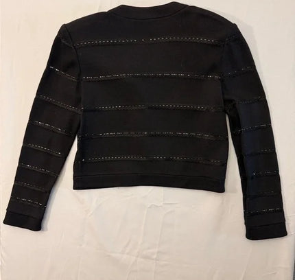 St. John Luxury Caviar Black Knit Cardigan with Beaded Stripes - Size 4